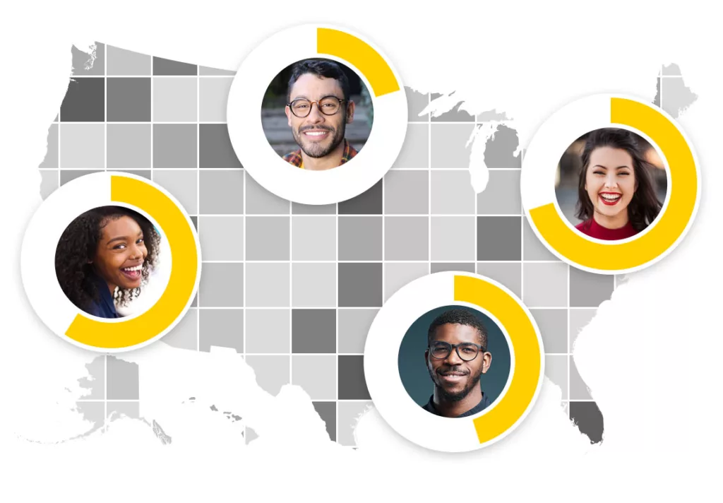 An infographic illustrating actionable diversity insights at a national, state and county level